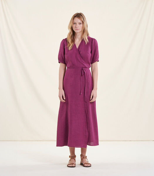 Robe longue portefeuille en lin violette