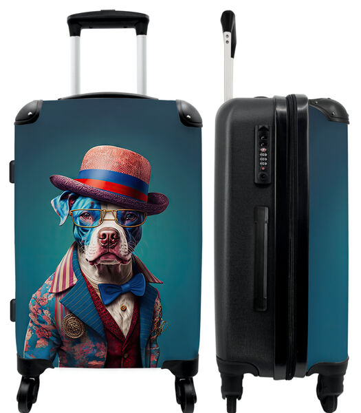 Bagage à main Valise avec 4 roues et serrure TSA (Chien - Chapeau - Veste - Fleurs - Bleu)