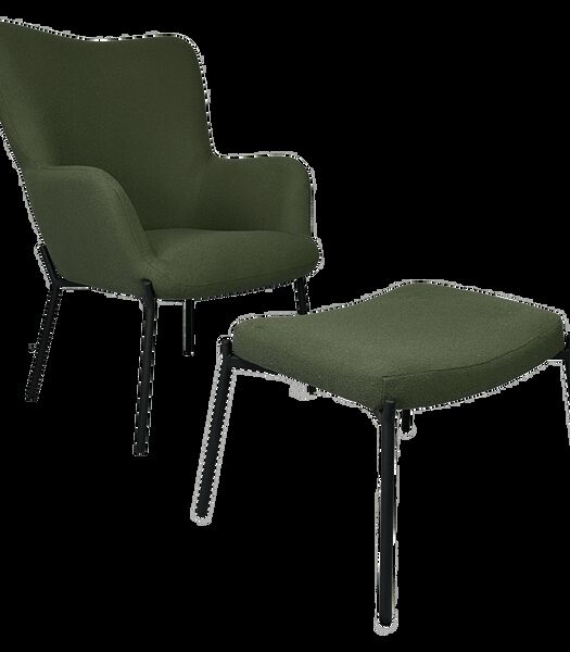Kaki groene fauteuil van lusstof met voetsteun EIRA