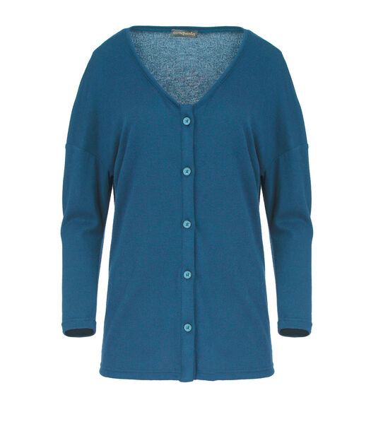 Gilet boutonné en tricot bleu pétrole.