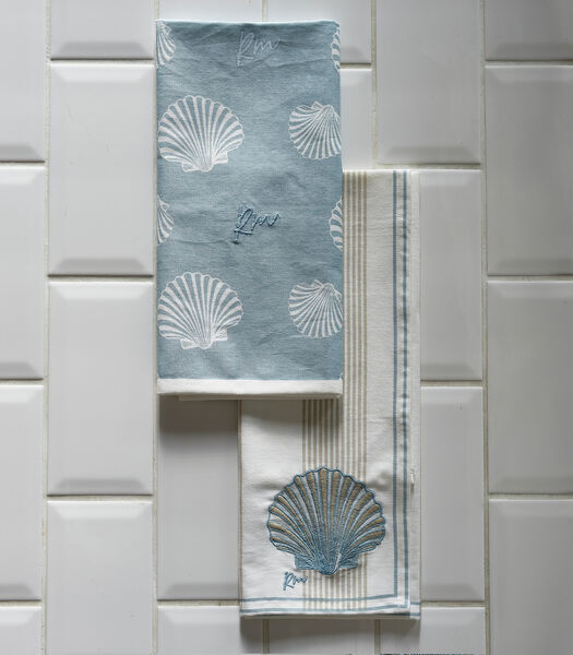 Riviera Maison Theedoeken - Shell Beach Tea Towel - Blauw Wit Beige - Set van 2 Stuks