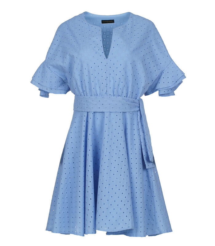 Hemelsblauwe jurk met borduursel en ruches op de mouwen image number 0
