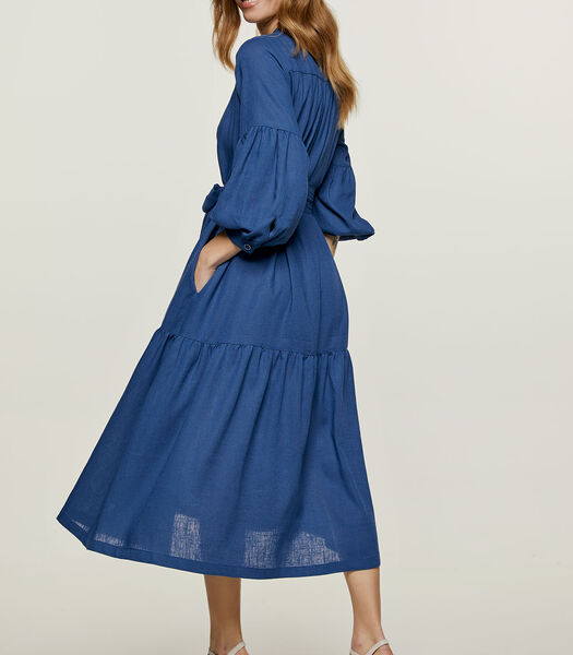 Linnen stijl blauwe jurk met zakken