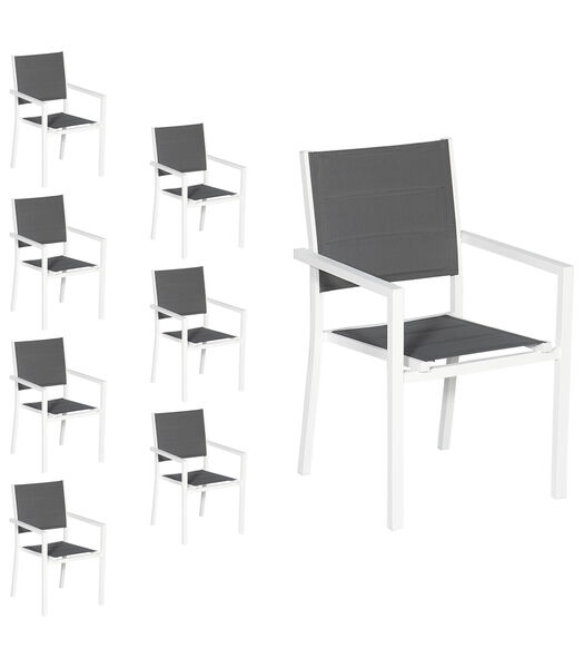 Lot de 8 chaises rembourrées en aluminium blanc - textilène gris