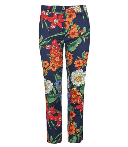 Pantalon en coton à fleurs dans les tons rouge, bleu et vert
