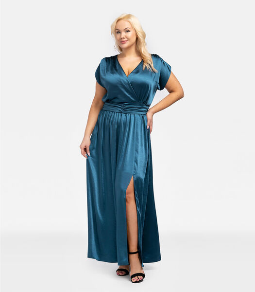 Lange jurk in satijn Laura turquoise