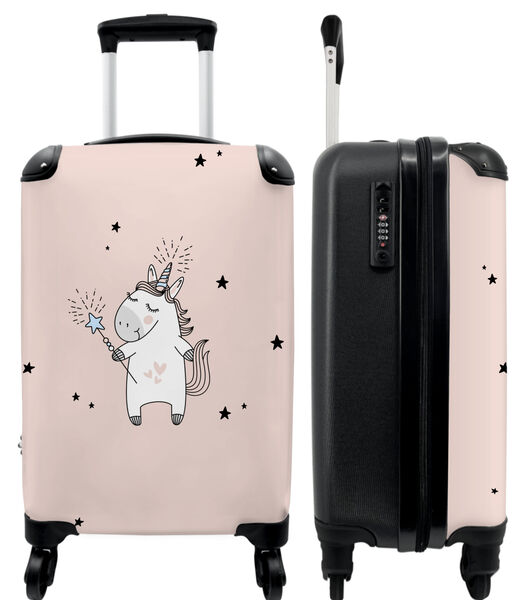 Bagage à main Valise avec 4 roues et serrure TSA (Licorne - Étoiles - Rose - Filles - Design)