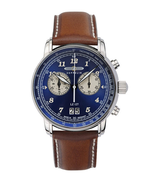 Horloge blauw met bruin leer croco 8684-3