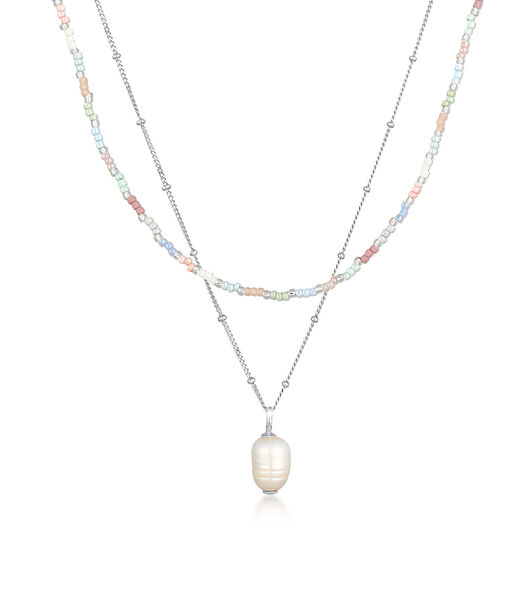 Collier Femmes Perles De Verre Baroque Couches Avec  Perle De Culture D'eau Douce En Argent Sterling 925