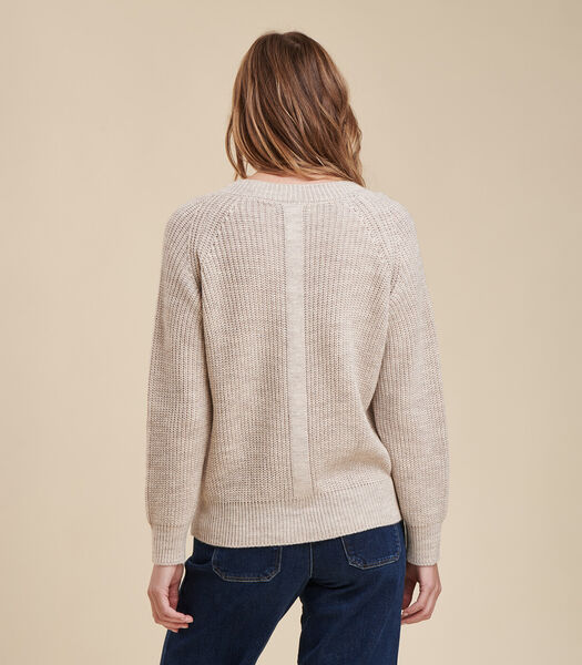 Beige Sweater V Neck in Pearl Ribs