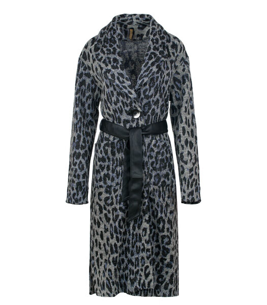 Manteau long en laine mélangée imprimé animal avec ceinture en faux cuir