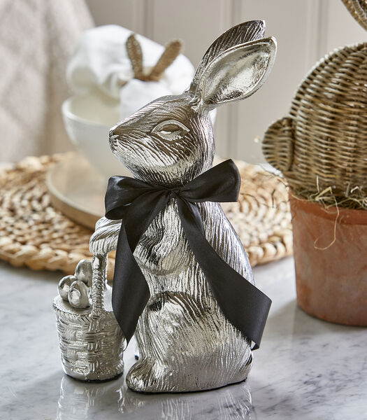 Easter bunny Paashaas beeld Zilver met eierhouder (LxBxH) 17x10x30 cm