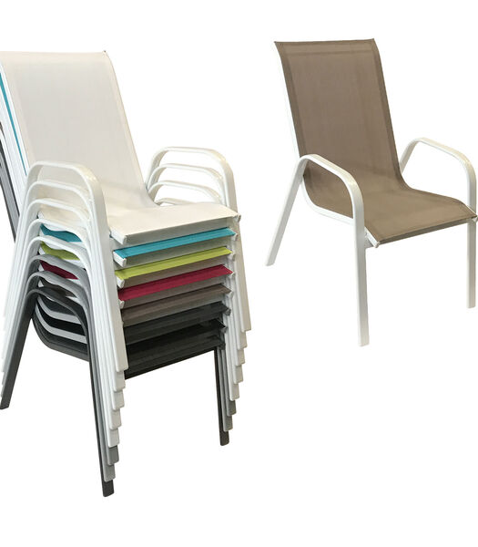 Set van 6 MARBELLA stoelen in taupe textilene - wit aluminium