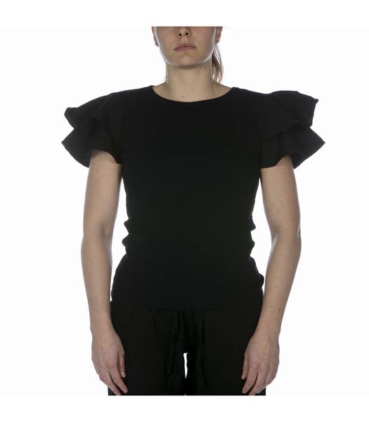 T-Shirt In Rib Met Zwarte Volant