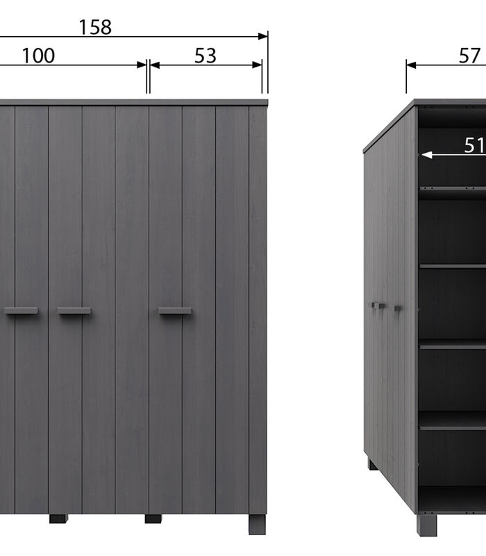 Armoire 3 Portes  - Pin - Anthracite - 202x158x55  - Dennis image number 4