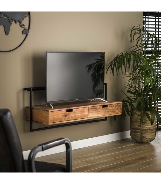 Floating - TV-meubel - 2 lades - massief acacia - naturel - metalen frame - zwart