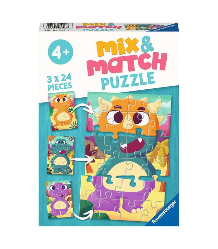 Kinderpuzzel Mix & Match Schattige dino´s - 3 x 24 stukjes image number 0