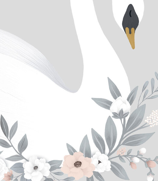 GRACE - Affiche encadrée - Cygne et fleurs (fond gris)