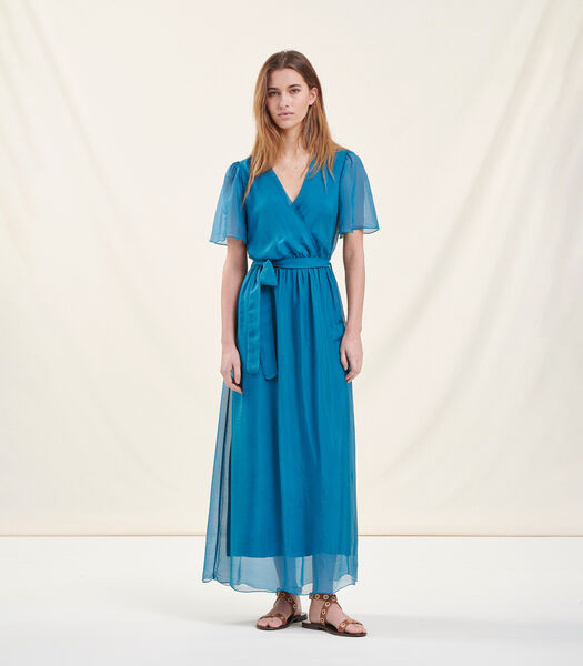 Robe longue cintrée portefeuille en voile bleu