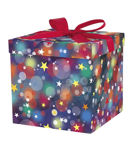 Boîte cadeau avec nœud - Motifs bulles et étoiles