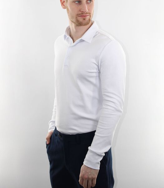 Heren Polo met Lange Mouw - Strijkvrij Poloshirt - Wit - Slim Fit - Premium Katoen