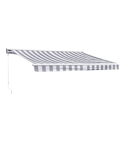 Store banne SAULE 3,5 × 3m avec semi-coffre - Toile rayée blanche/grise et structure blanche
