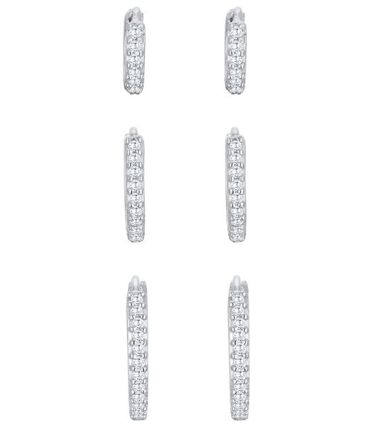 Oorbellen Dames Creolen Elegant Set Van 3 Met Zirkonia Kristallen In 925 Sterling Zilver Gerhodineerd