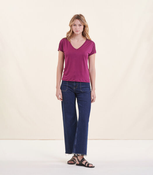 T-shirt violet col V manches courtes en lyocell