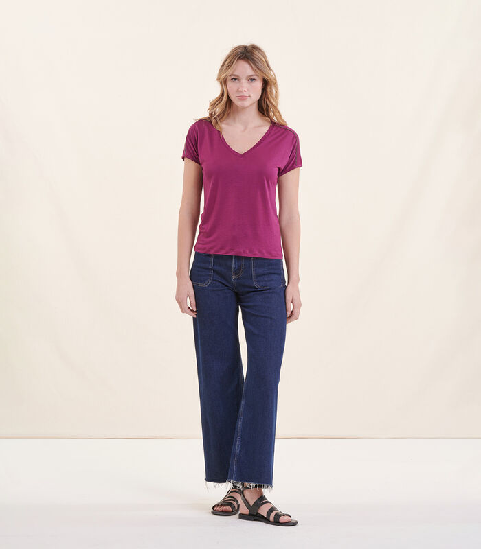 T-shirt violet col V manches courtes en lyocell image number 1