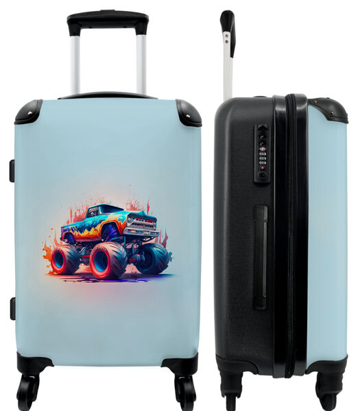 Handbagage Koffer met 4 wielen en TSA slot (Monstertruck - Vlammen - Blauw - Verf - Design)
