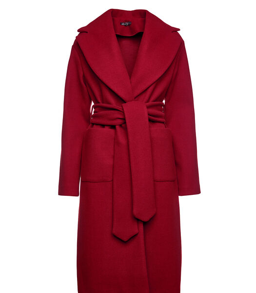 Manteau long rouge foncé imitation mouflon avec ceinture