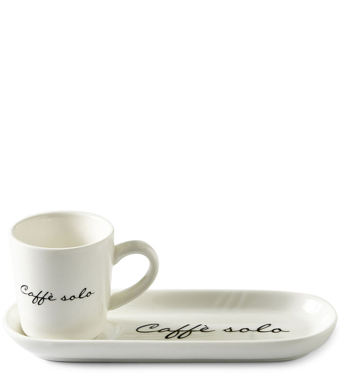 Kop-en schotel, koffiemok met tekst - Caffè Solo - Wit - 85 ml image number 0