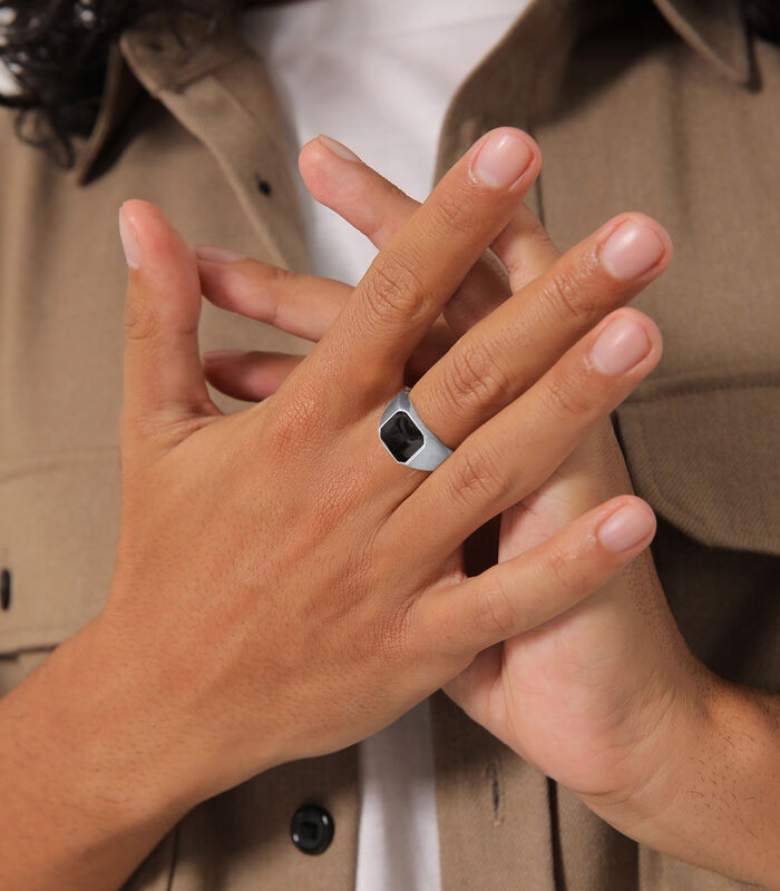 Ring Heren Signet Ring Emaille Zwart Basis Trend In 925 Sterling Zilver Verguld image number 4