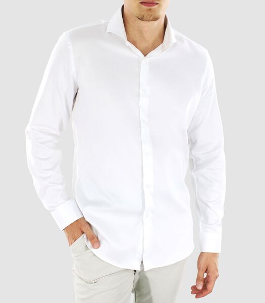 Strijkvrij Overhemd - Wit - Slim Fit - Katoen Satijn - Lange Mouw - Heren