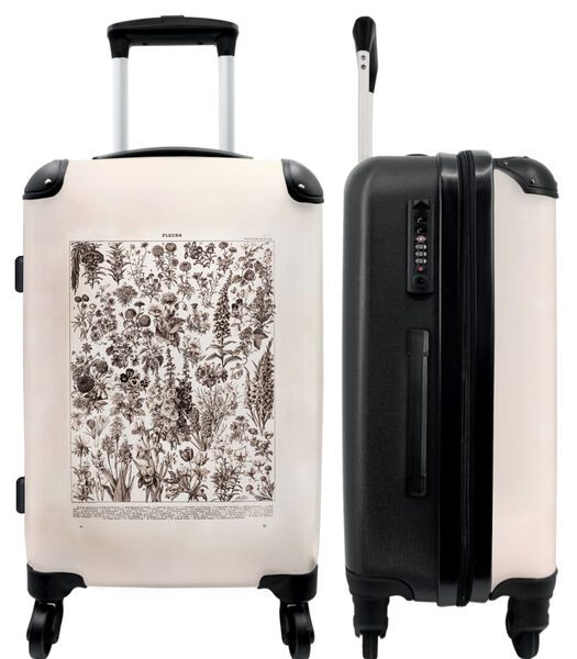 Handbagage Koffer met 4 wielen en TSA slot (Bloemen - Illustratie - Vintage - Zwart wit)
