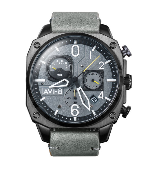 Montre homme quartz japonais chronographe - Bracelet cuir - 10 min rétrograde avec date - Hawker Hunter