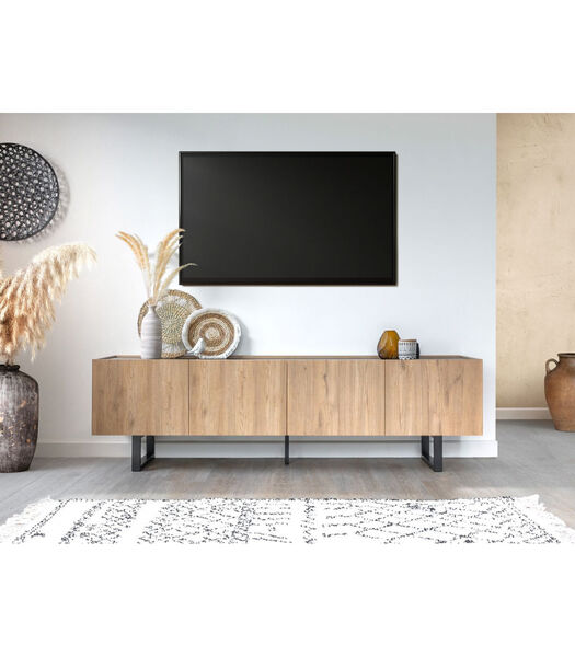 Meuble TV 180 cm OPERA effet chêne et imitation marbre noir
