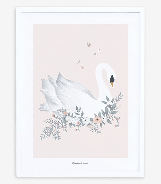 GRACE - Affiche enfant - Cygne et fleurs (fond rose)