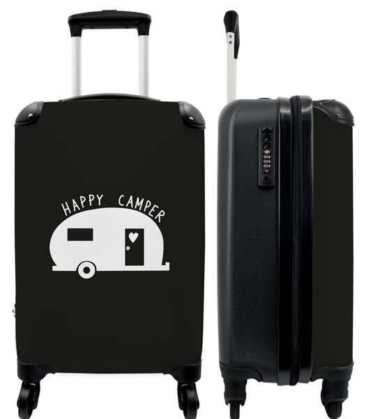 Valise spacieuse avec 4 roues et serrure TSA (Caravane - 'Happy Camper' - Noir - Blanc - Citations)