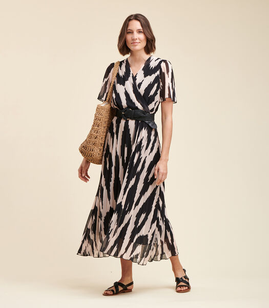 Lange geplooide jurk in bedrukte polyester sluier