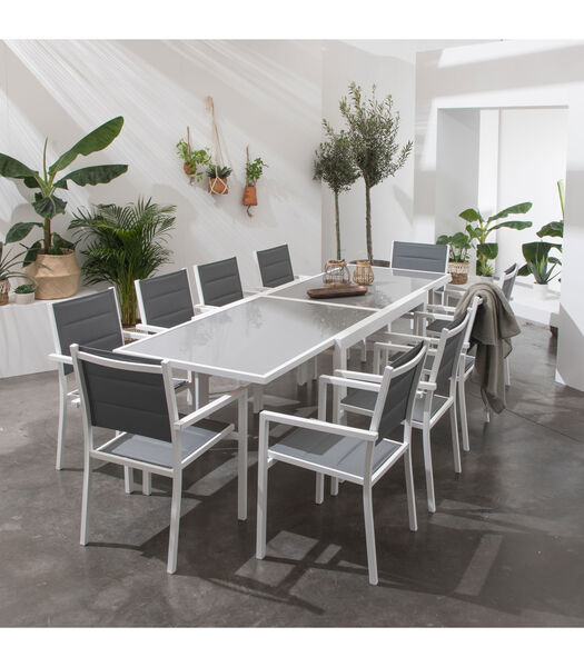 Salon de jardin LAMPEDUSA extensible en textilène gris 10 places - aluminium blanc
