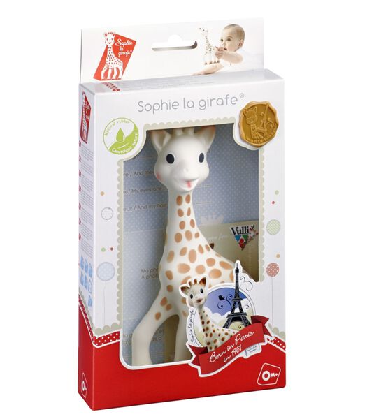 Jouet de dentition Sophie la girafe en caoutchouc 100% naturel dans une boîte cadeau blanche et rouge.