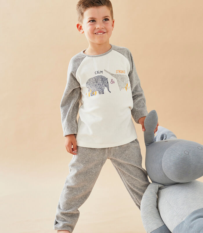 Fluwelen 2-delige pyjama met olifant, ecru/lichtgrijs image number 0