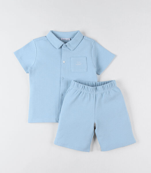 Gewaffeld jersey 2-delige pyjama met hemdkraag, blauw