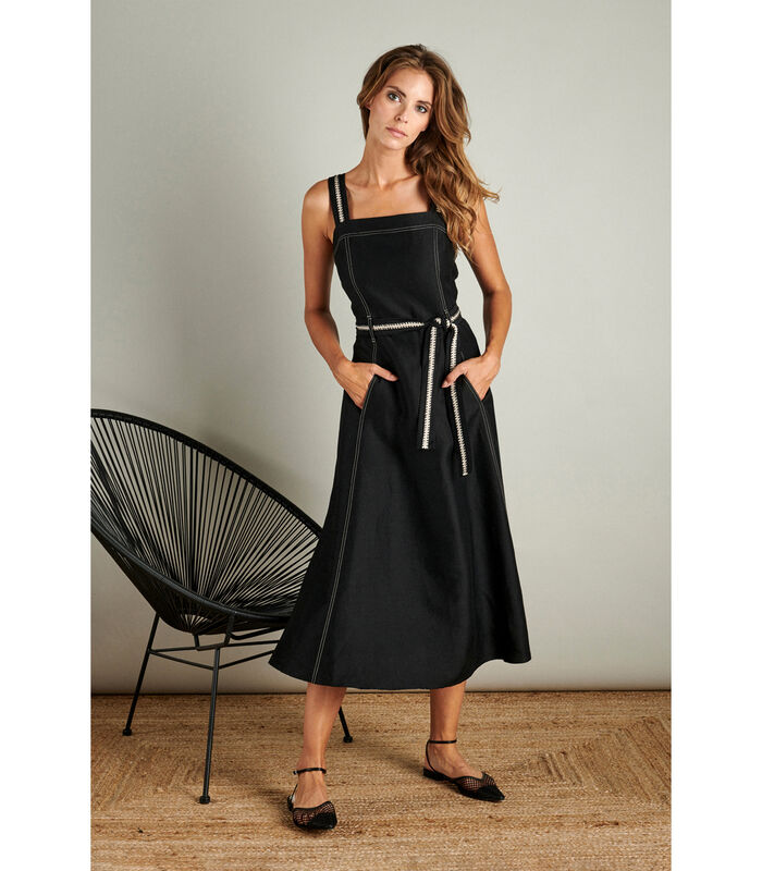 Zwarte lange jurk met ecru stiksels image number 0