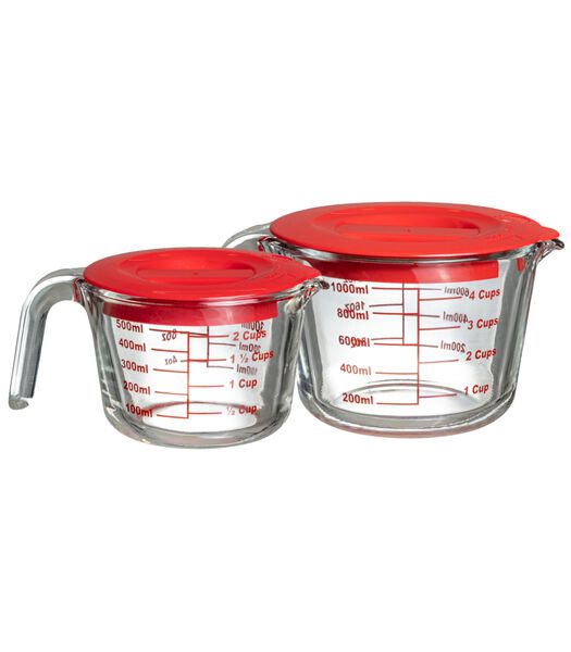 Ensemble de tasses à mesurer  (500 ml et 1 litre) - avec couvercle - Verre résistant à la chaleur