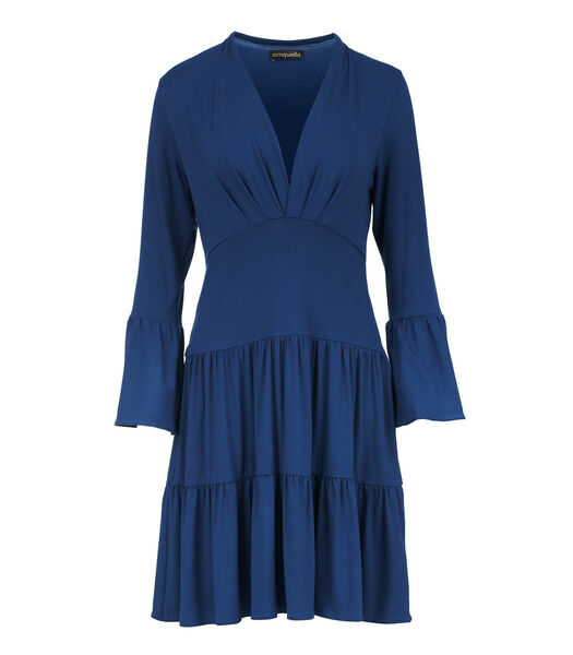 Blauwe jersey gestreepte jurk