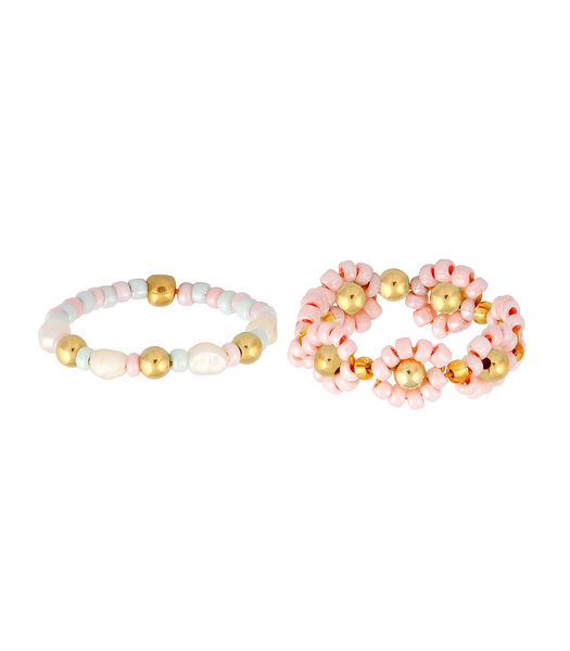 Bague Femmes Beads De Verre Set De 2 Avec  Perles De Culture D'eau Douce En Argent Sterling 925 Plaqué Or