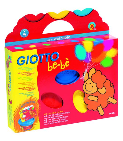 Gioto Be-Bè Box -Case : 3 X 100ml pot de peinture au doigt rouge/jaune/cyan + éponge en forme d'animal et tablier
