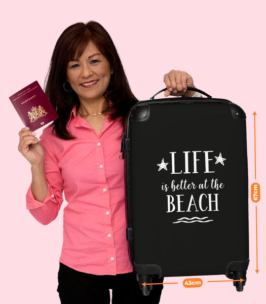 Bagage à main Valise avec 4 roues et serrure TSA (Citations - Étoiles - Noir - Blanc - "La vie est plus belle à la plage".)